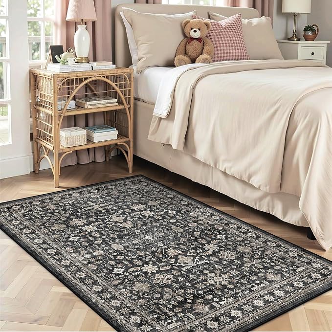 Grey Area Rug 4x6 for Living Room Bedroom | Low Pile; Non Slip;Machine - Image 2