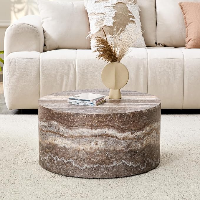 Round Coffee Table, 23.6" Modern Grey Faux Marble Drum Coffee Table, Round - Image 3