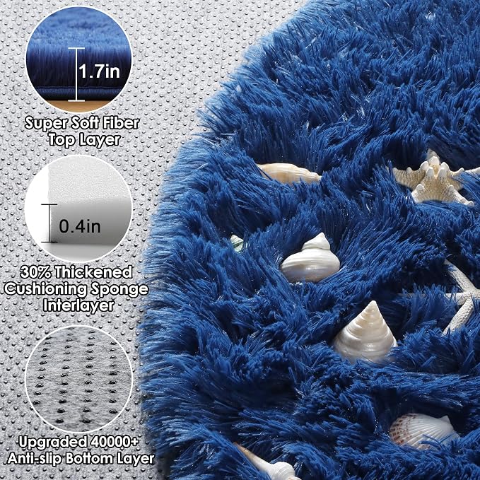 Navy Blue Round Rug 4ft, Fluffy Soft Circle Area Rugs - Image 2