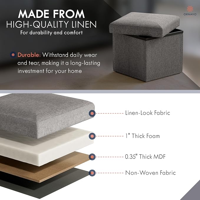 Ornavo Home Small Storage Ottoman Foldable Collapsible Cube Square Linen - Image 4