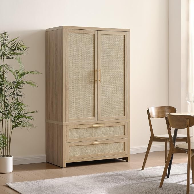 SICOTAS Rattan Armoire Wardrobe Closet Cabinet, and Hanging Rod, Boho - Image 7