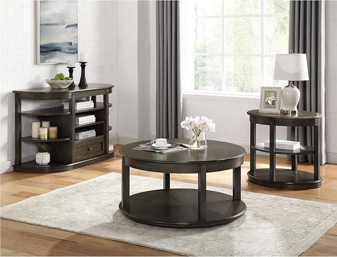 Transitional Grey 48-inch 7-Shelf Sofa Table Farmhouse Semi-Circle Rubberwood - Image 2