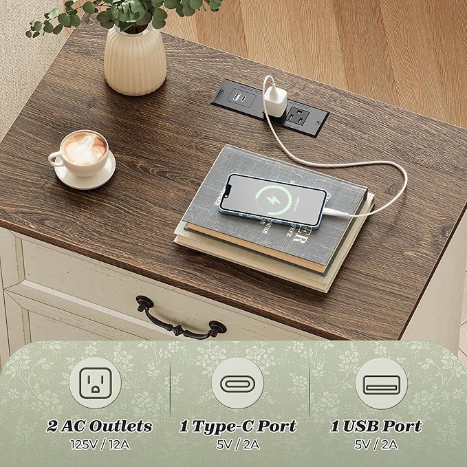 Huuger Nightstand with Charging Station, 3 Drawer Night Stand Set of 2 - Image 4