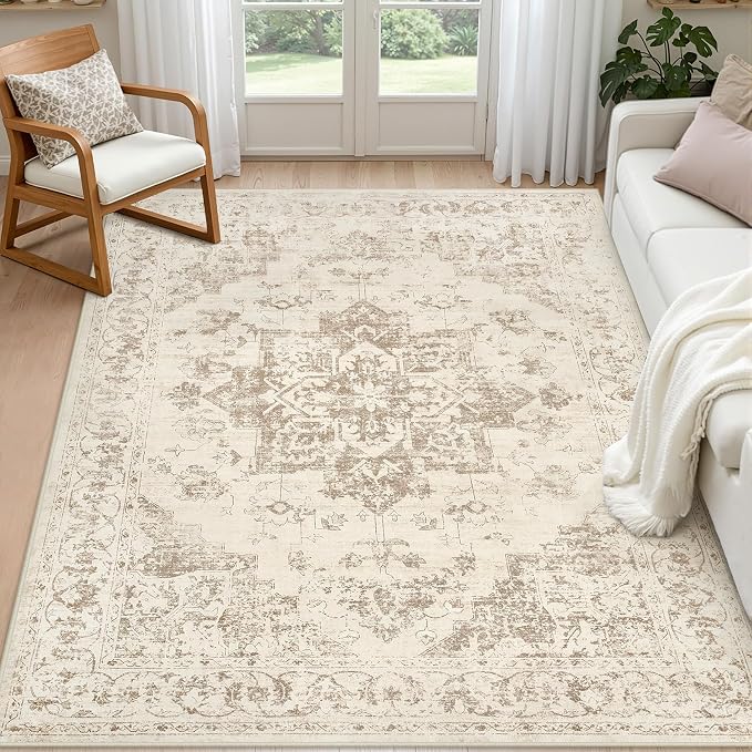 5x7 Area Rugs Living Room: Bedroom Washable Carpet Beige/Ivory | Vintage Boho by Luxturiy