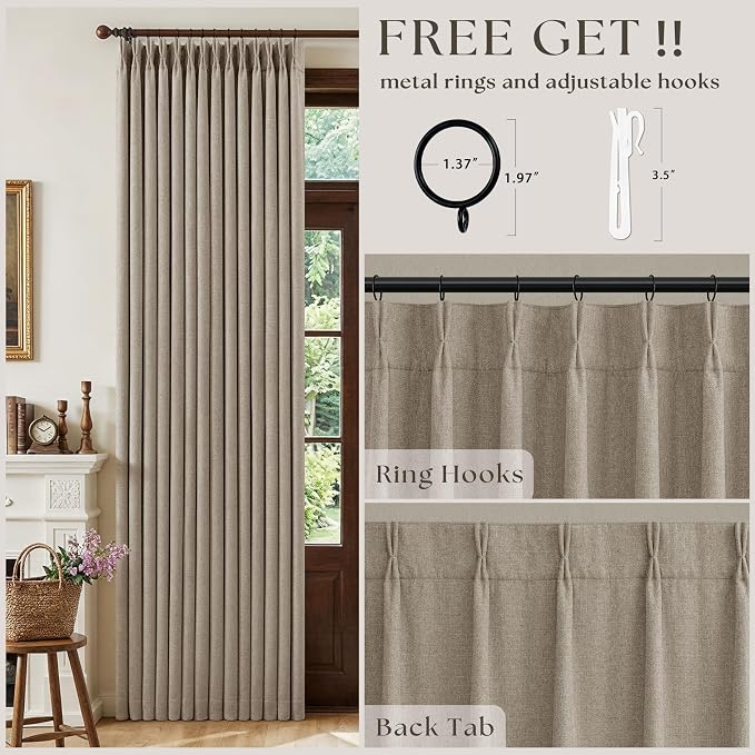 Deep Flax Blackout Pinch Pleat 100 Inch Linen Curtains 2 Panels Set | - Image 5