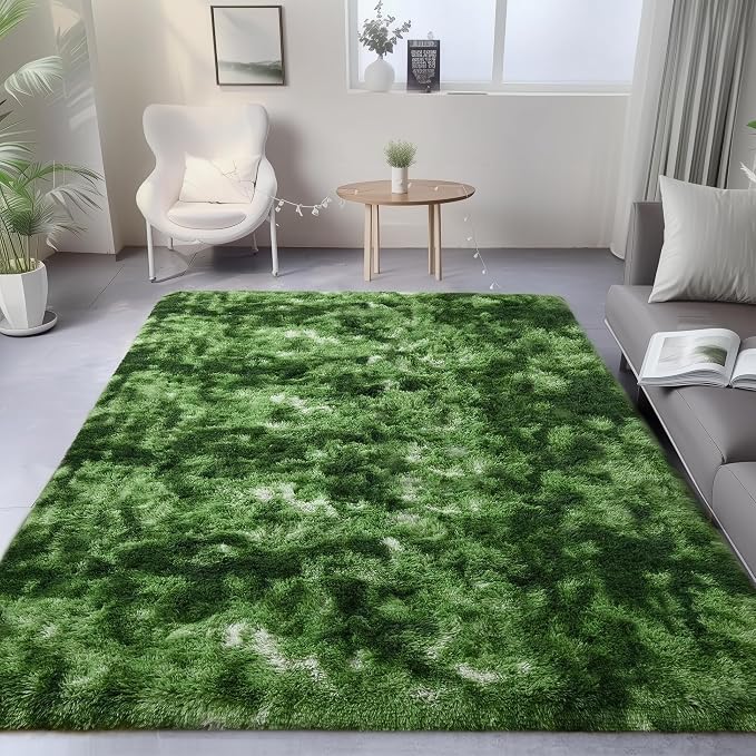 Fluffy Moss Green Area Rugs for Bedroom Living Room 4x6 Ft, Non-Slip Carpet | - Image 2
