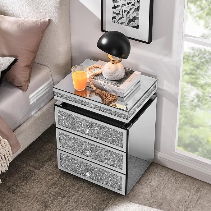 Mirrored Nightstand with 3 Drawers, Mirror End Table, Modern Bedside Table - Image 4