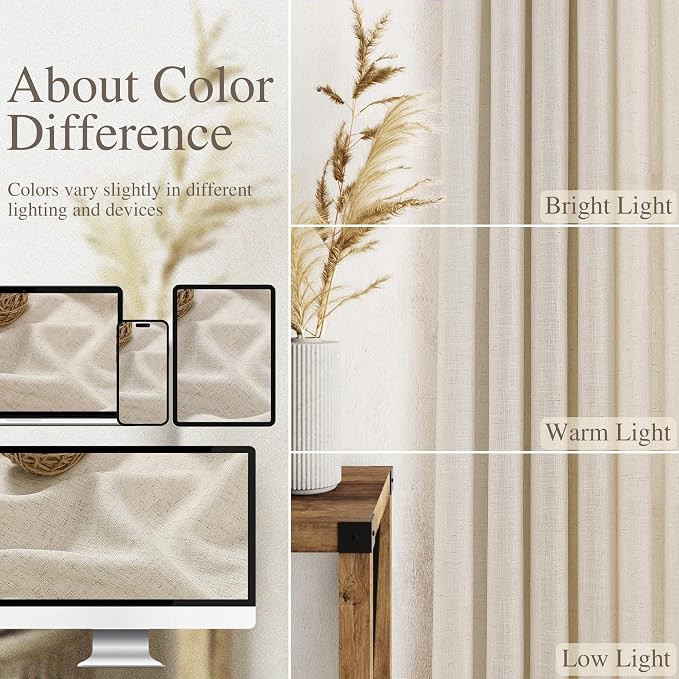 Warm Beige Linen Curtains 90 Inch Long 2 Panels Set - Image 6