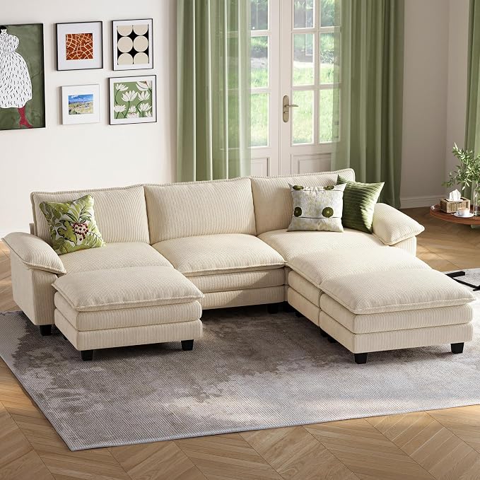 LINSY HOME 123" Modular Sectional Sofa, 3-Seat Corduroy Modern Cloud Couch - Image 3