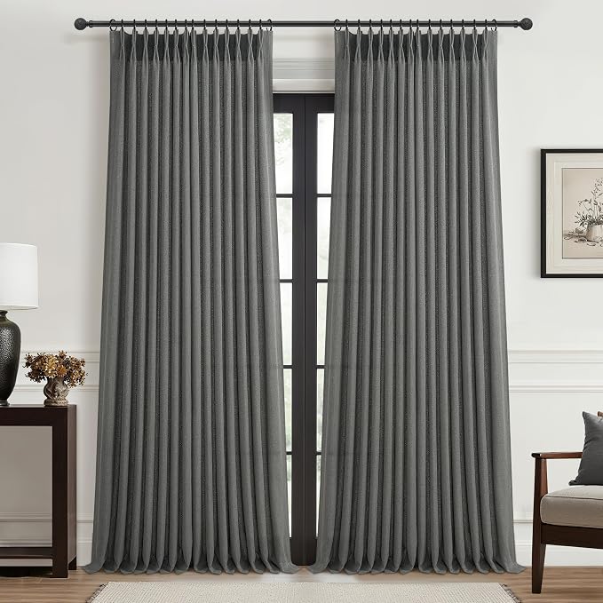 Dark Gray Sheer 90 Inches Long Bedroom Curtains 2 Panels Set, Pinch Pleated by PleatedDrapes