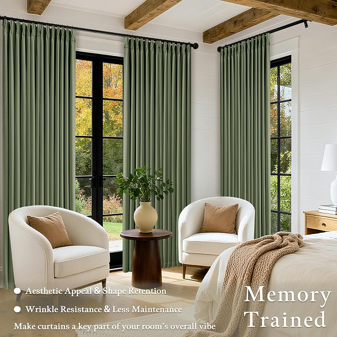 96 Inch Olive Green Linen Pinch Pleated Blackout Curtains - Image 4