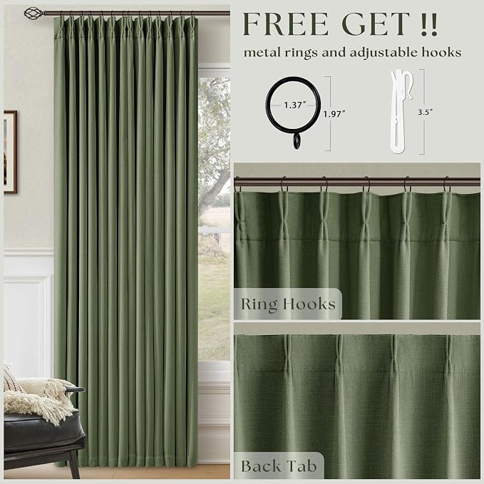 100 Inch Olive Green Linen Pinch Pleated Blackout Curtains - Image 5