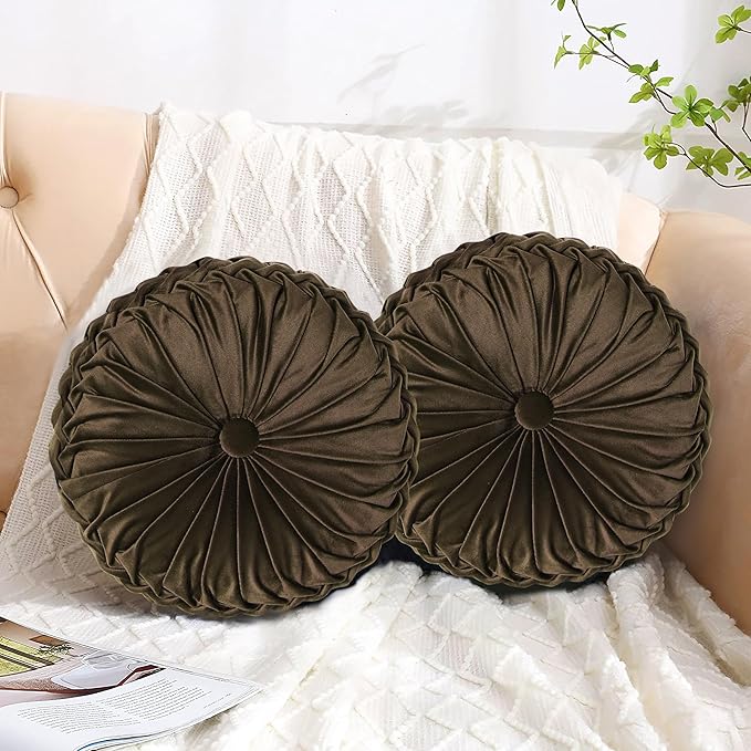 HIG Set of 2 Chocolate Velvet Decorative Round Pleated Throw Pillows | Vintage by HIG
