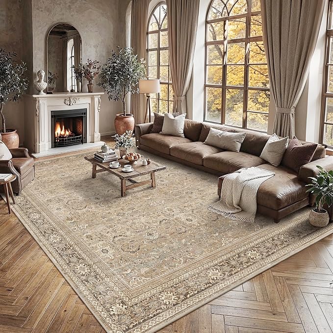 Schweek 9x12 Area Rug Khaki Vintage Distressed Washable Rugs - Image 3