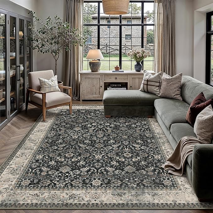 8x10 Black Beige Vintage Floral Washable Area Rug by HUGEAR