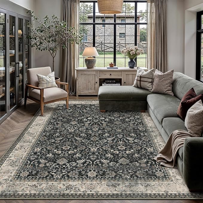 6x9 Black Beige Vintage Floral Washable Area Rug by HUGEAR