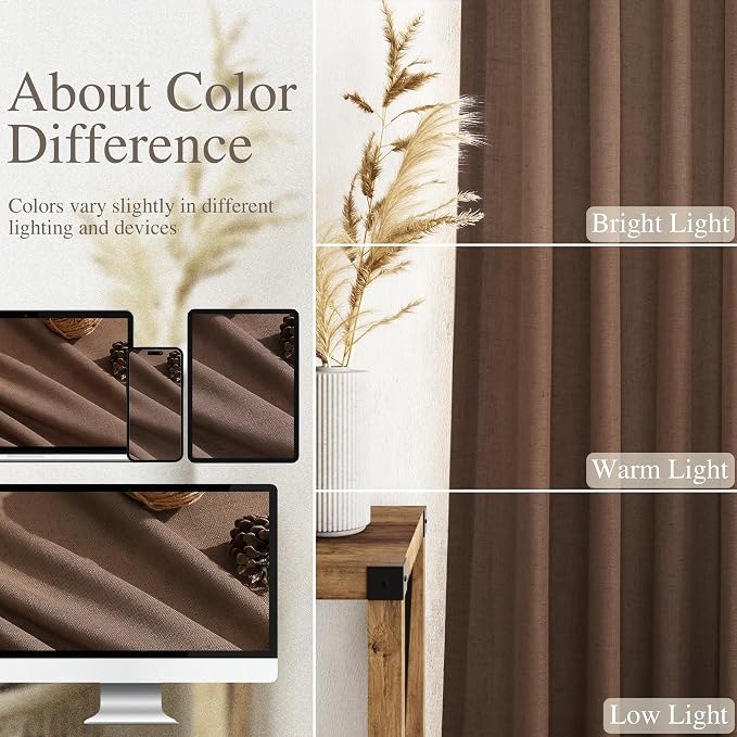 Caramel Brown Linen Curtains 63 Inches Length 2 Panels Set - Image 4