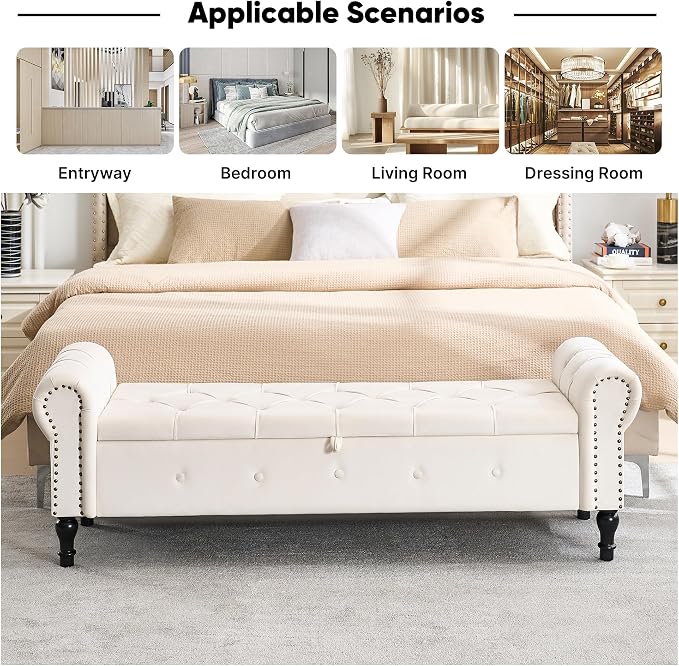 Storage Bench for Bedroom, Velvet 67" End of Bed Bench, King Size Bench - Image 7