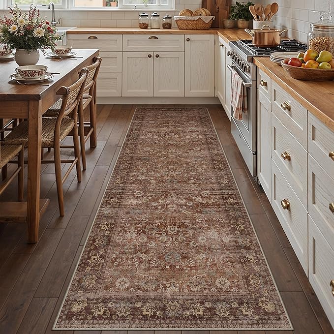 2x10 Brick Red Vintage Floral Washable Runner Rug by HUGEAR