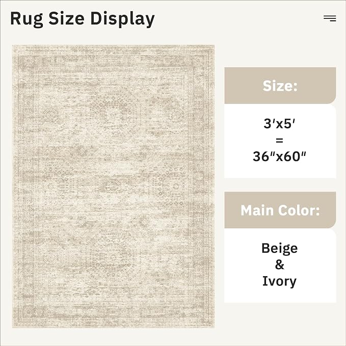 Soalmost 3x5 Rugs Non-Slip, Small Washable Kitchen Entryway Area Rug Beige | - Image 3