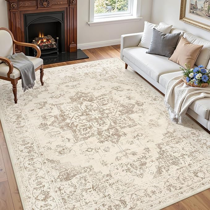 6x9 Area Rugs Living Room: Bedroom Washable Carpet Beige/Ivory | Vintage Boho - Image 3