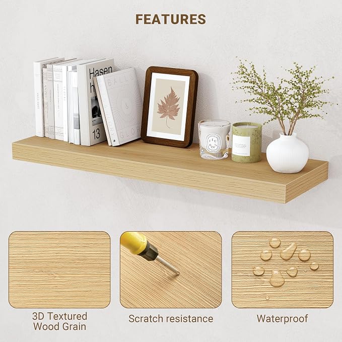 Acovy 72 Inch Floating Shelves, 3D Textured Wood Grain, Wooden Shelves - Image 4