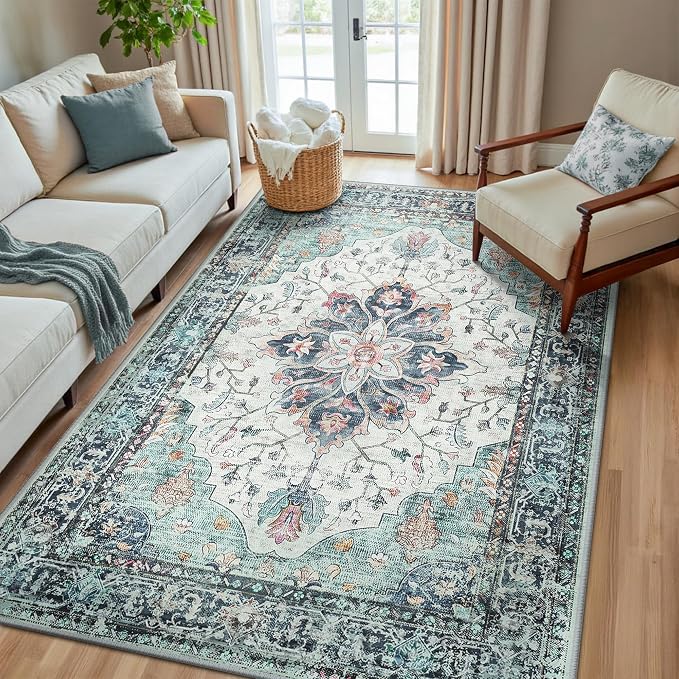 RELEANY Washable Area Rug, Teal Green/White/Navy | Non-Slip, Water Repellent by RELEANY