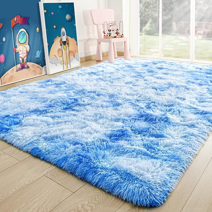4x6 Tie-Dyed Blue Fluffy Soft Area Rug Non-Slip - Image 8