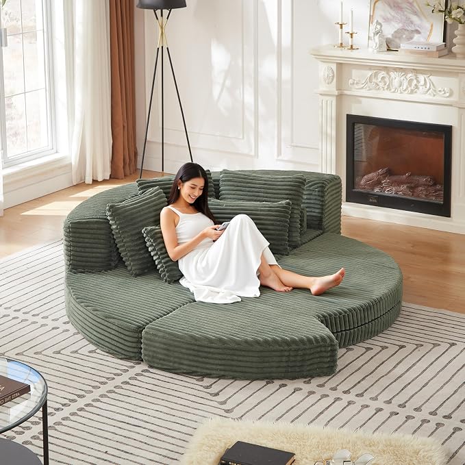 78.5" Corduroy Boneless Round Oversized Sofa, Converts into Two Recliners - Image 3