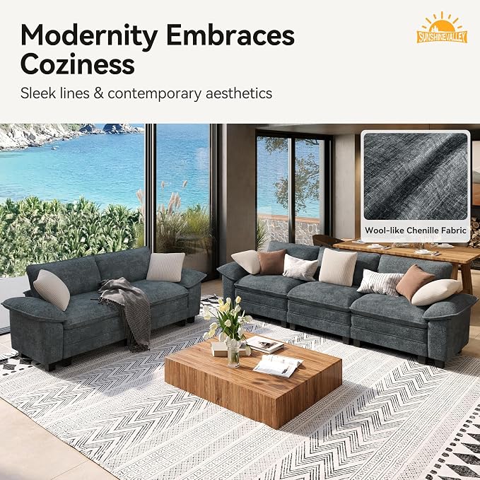 SUNSHINE VALLEY 3 Piece Living Room Furniture Sofa Set, Chenille Modular 2 - Image 8