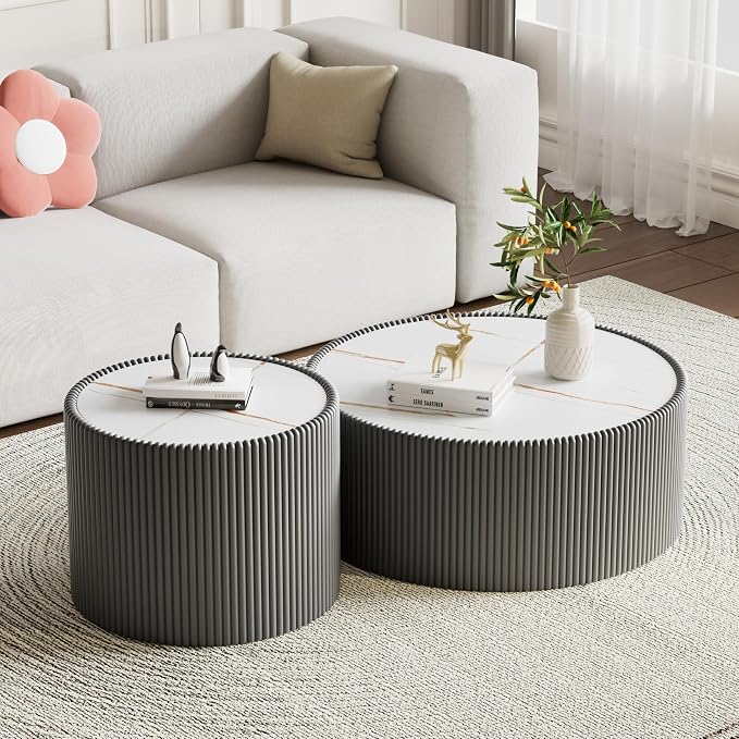 Round Marble Coffee Table Set of 2, 2 Piece White Coffee Table and End Table Set - Image 3