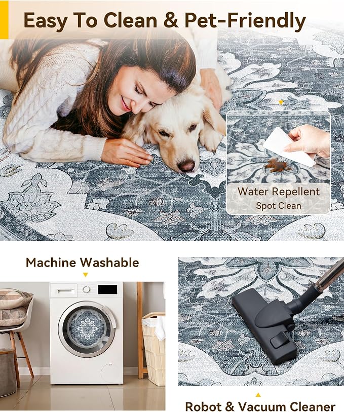 RELEANY Washable Area Rug, Round 10ft, Water Repellent, Pet Friendly, Vintage - Image 4