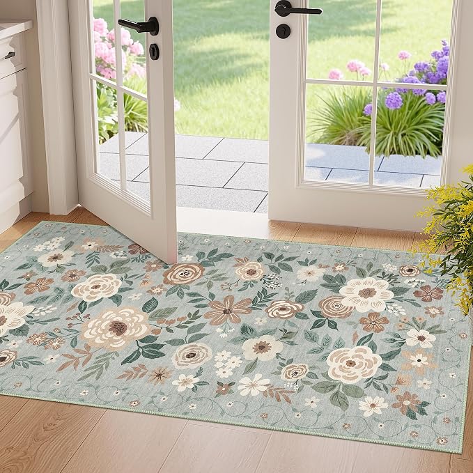 DUKINO 2x4 Entryway Rug, Floral Washable Kitchen Rugs Non Slip, Sage Green | by DUKINO
