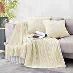 Homiest Cable Knit Throw Blanket & Pillow Set, Cream White Set of 3, Knitted by Homiest