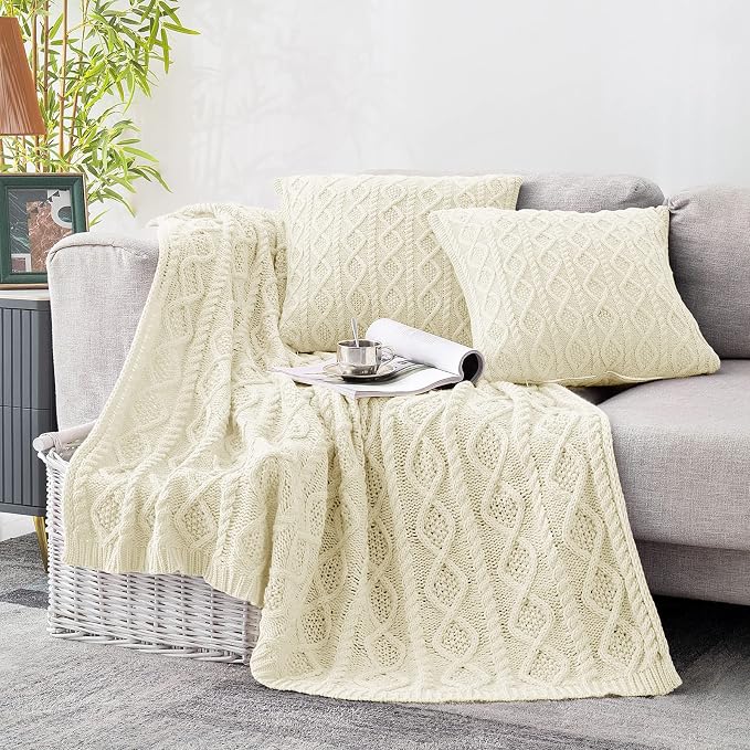 Homiest Cable Knit Throw Blanket & Pillow Set, Cream White Set of 3, Knitted by Homiest