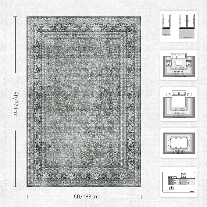 6x9 Area Rugs - Washable Vintage Retro Living Room Rug, Soft Ultra Thin Non - Image 2
