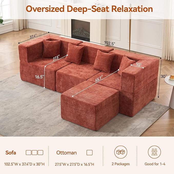 MONVANE 103'' Modular Sectional Sofa, Cloud Sectional Couch - Image 2