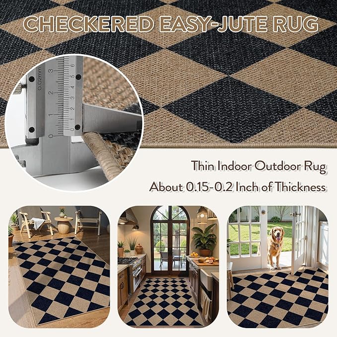 Lahome Colette Checkered Easy Jute Entry Rug, 3x5 Black Outdoor Patio Rug - Image 4