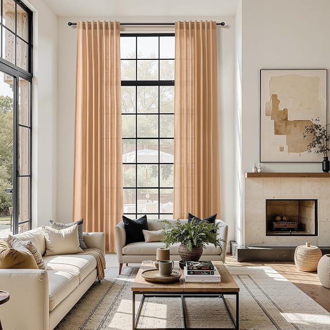 Camel Linen Curtains for Living Room Extra Long 144 Inches Long Back Tab Light by Nanspring