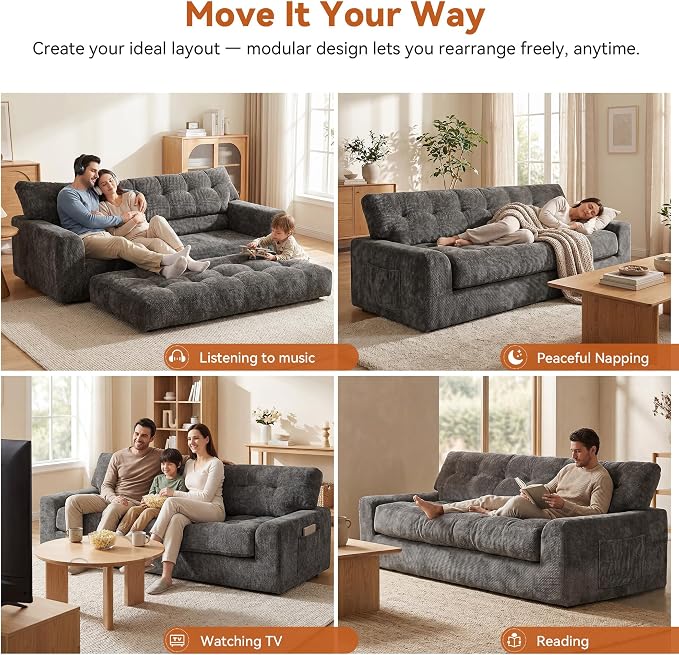 MONVANE 75.6" Convertible 3 Seater Sofa, Comfy Chenille Cloud Couch - Image 4