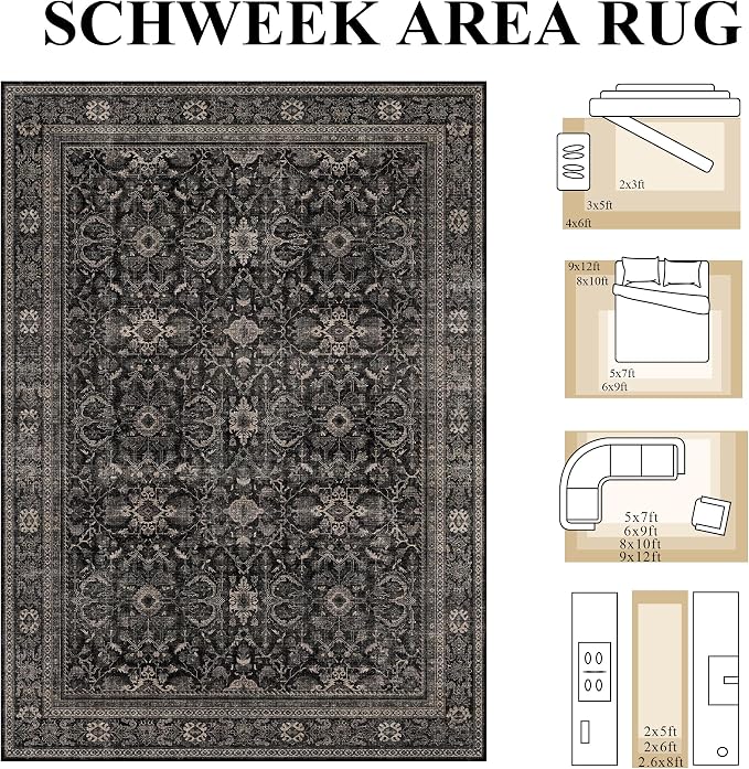 Schweek 8x10 Washable Area Rug Non-Slip Vintage Dark Rugs - Image 2