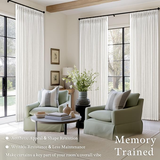 Beige White 94 Inch Pinch Pleated Linen Light Filtering Curtains 50Wx94L | Off - Image 2