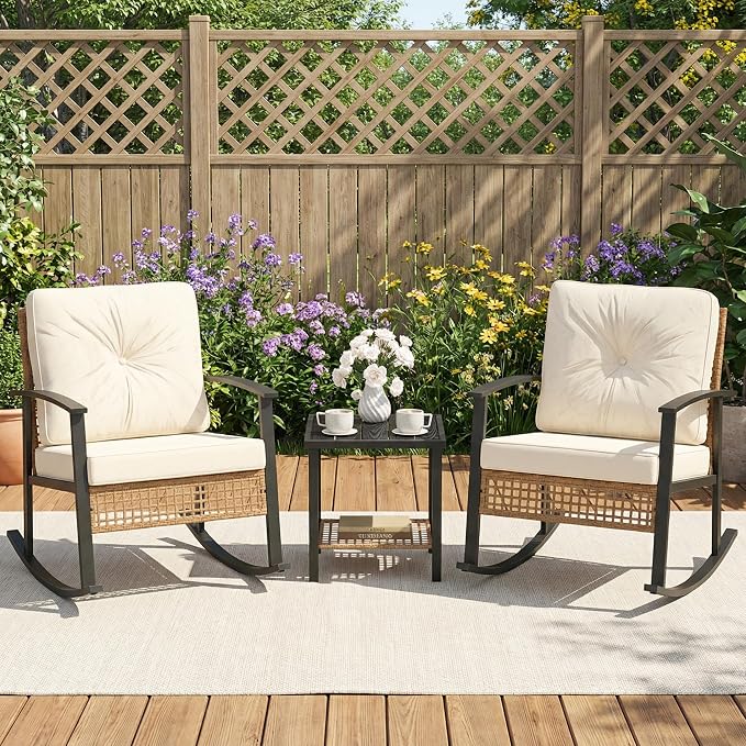 COSIEST 3-Piece Outdoor Rocking Chairs Bistro Set, Rattan Patio Furniture - Image 5