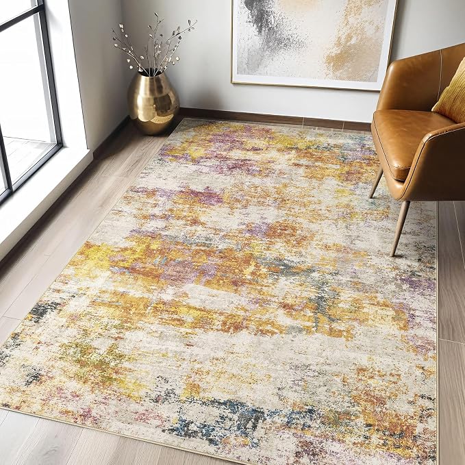 LOONGRUG 4x6 Area Rug Machine Washable Neutral Modern Rugs Gold Colorful | by LOONGRUG