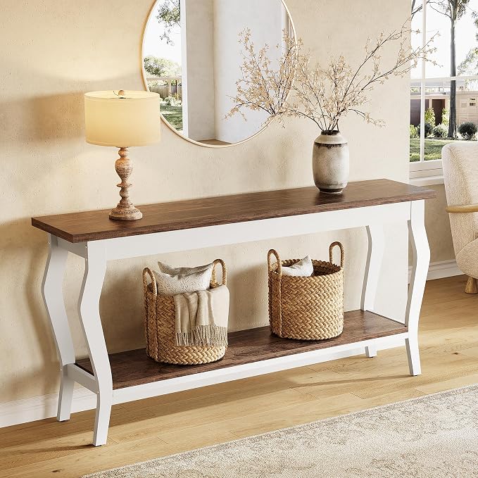 LITTLE TREE 70.9 Inches Long Console Table, 2-Tier Vintage Wooden Sofa Table - Image 3