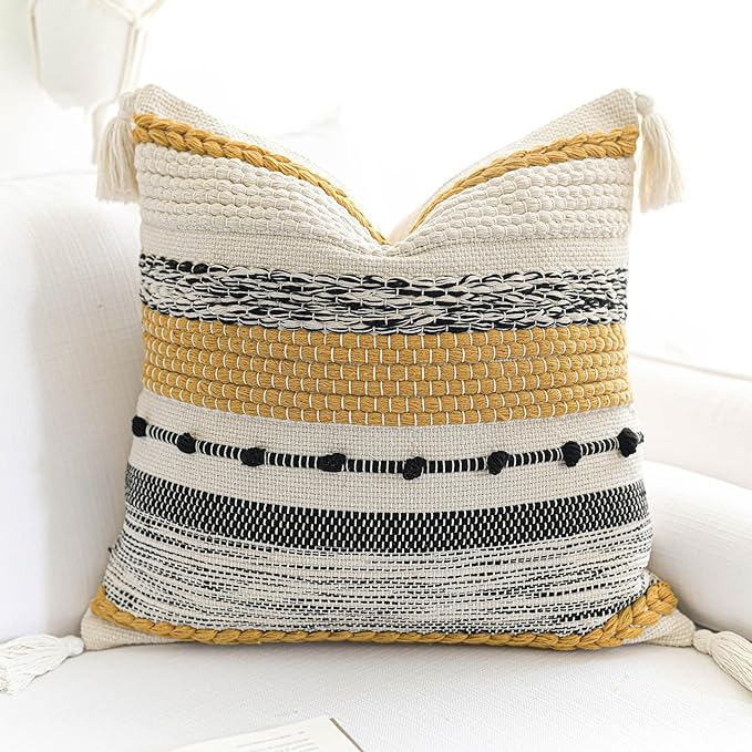 Boho Decorative Throw Pillow Cover 22x22 Square Yellow Mustard Accent by BlissBlush
