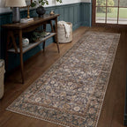 3x10 Brown Blue Vintage Floral Washable Runner Rug - Image 3