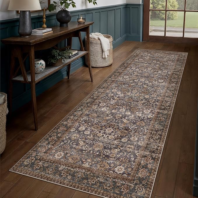 2x8 Brown Blue Vintage Floral Washable Runner Rug - Image 3