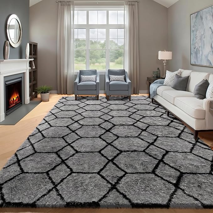 Area Rugs for Living Room, 5x8 Fluffy Grey and Black Bedroom Geometric Rug | - Image 2