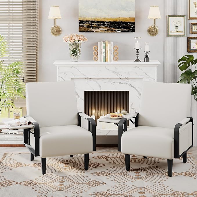 Andeworld Modern Beige Accent Chair, PU Leather Upholstered Armchair Side Chair - Image 8